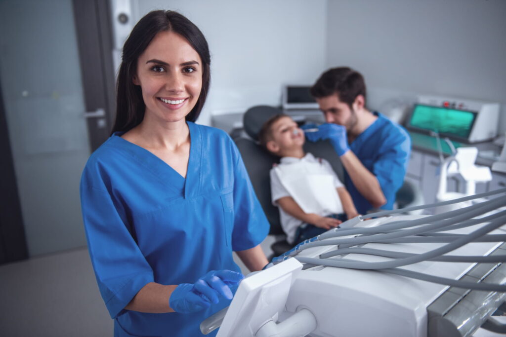 Family dentist with patient