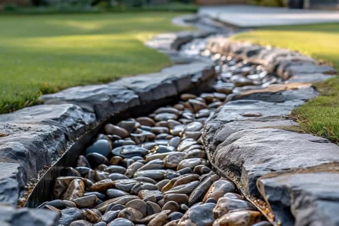 Landscapers using hardscaping for drainage